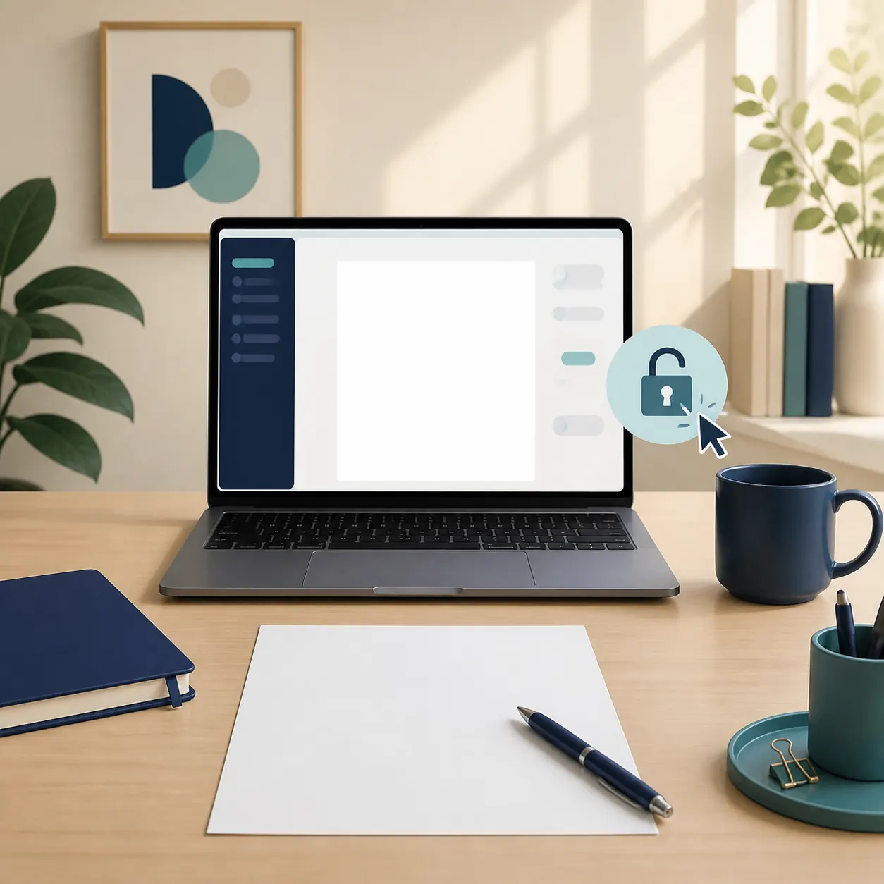 Laptop con spazio di scrittura vuoto e simbolo di lucchetto aperto per scrivere con l'AI senza registrazione