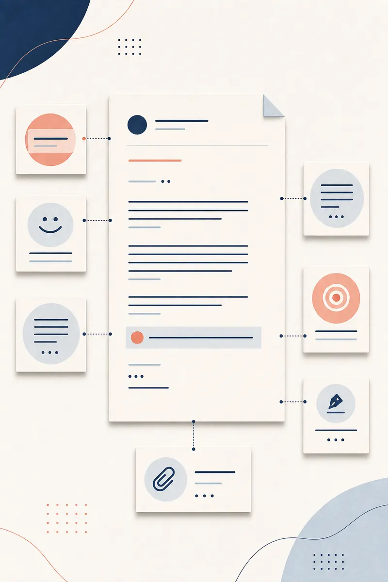 Diagrama abstracto con las partes de un correo formal, desde el saludo y el cuerpo hasta la petición, el cierre y el adjunto