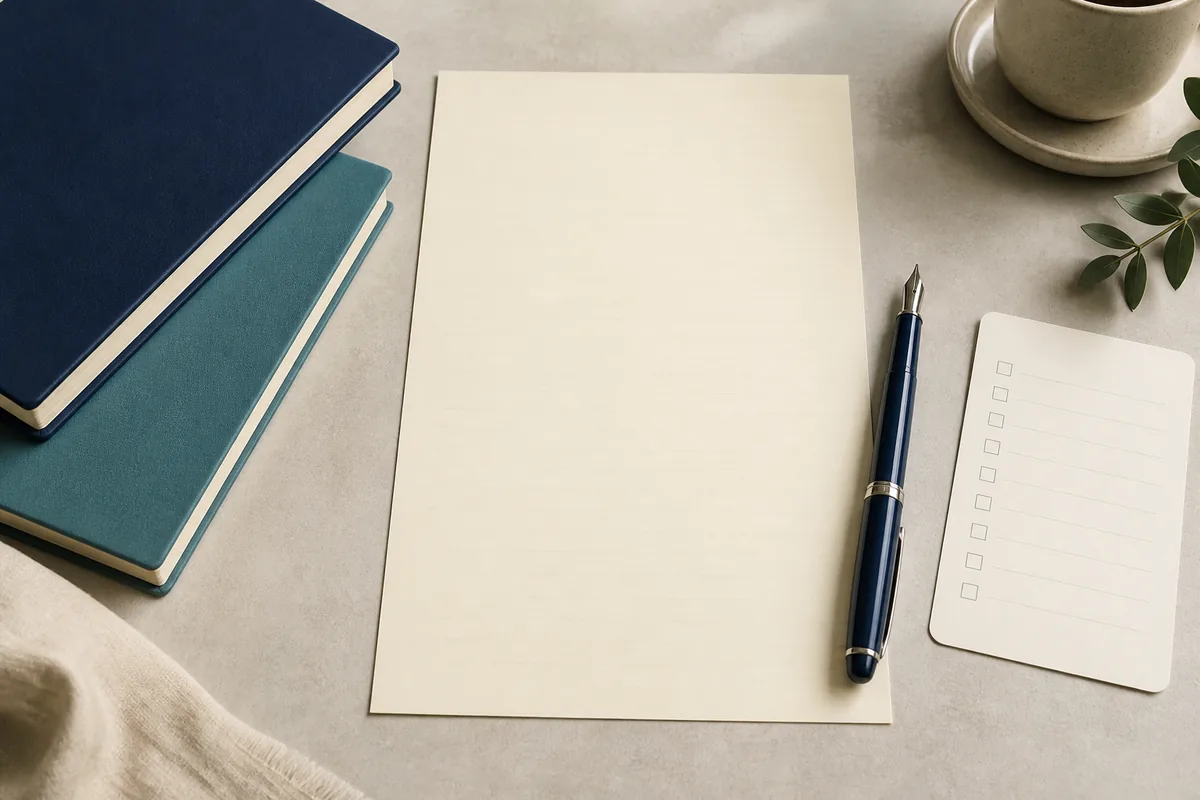 Mesa de trabalho com carta de recomendação, caneta e checklist